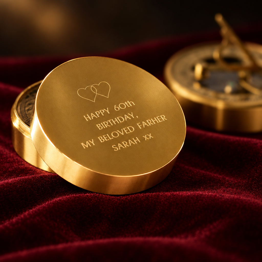 Personalized brass compass featuring an engraved interlocking hearts icon for anniversary and wedding gifts.