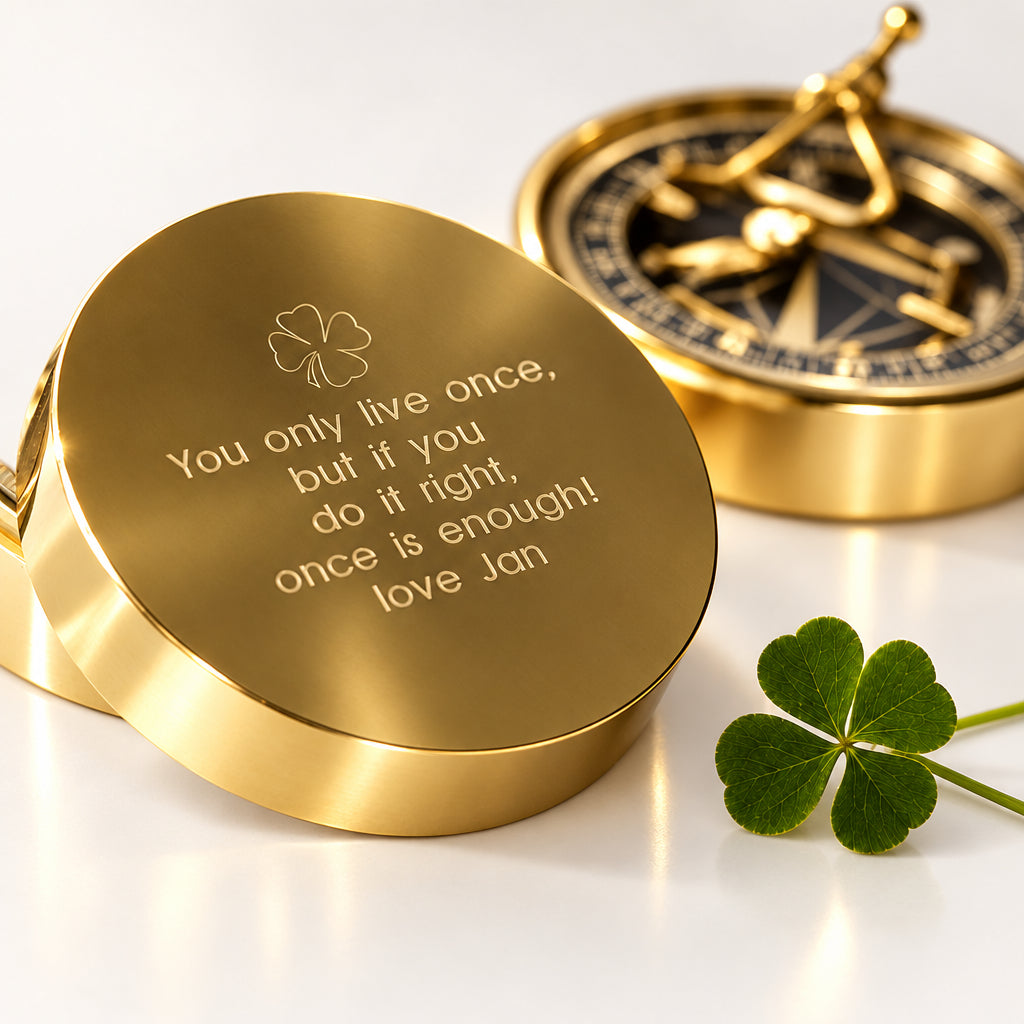 Personalized sundial compass engraved with a four-leaf clover icon for good luck and graduation gifts.