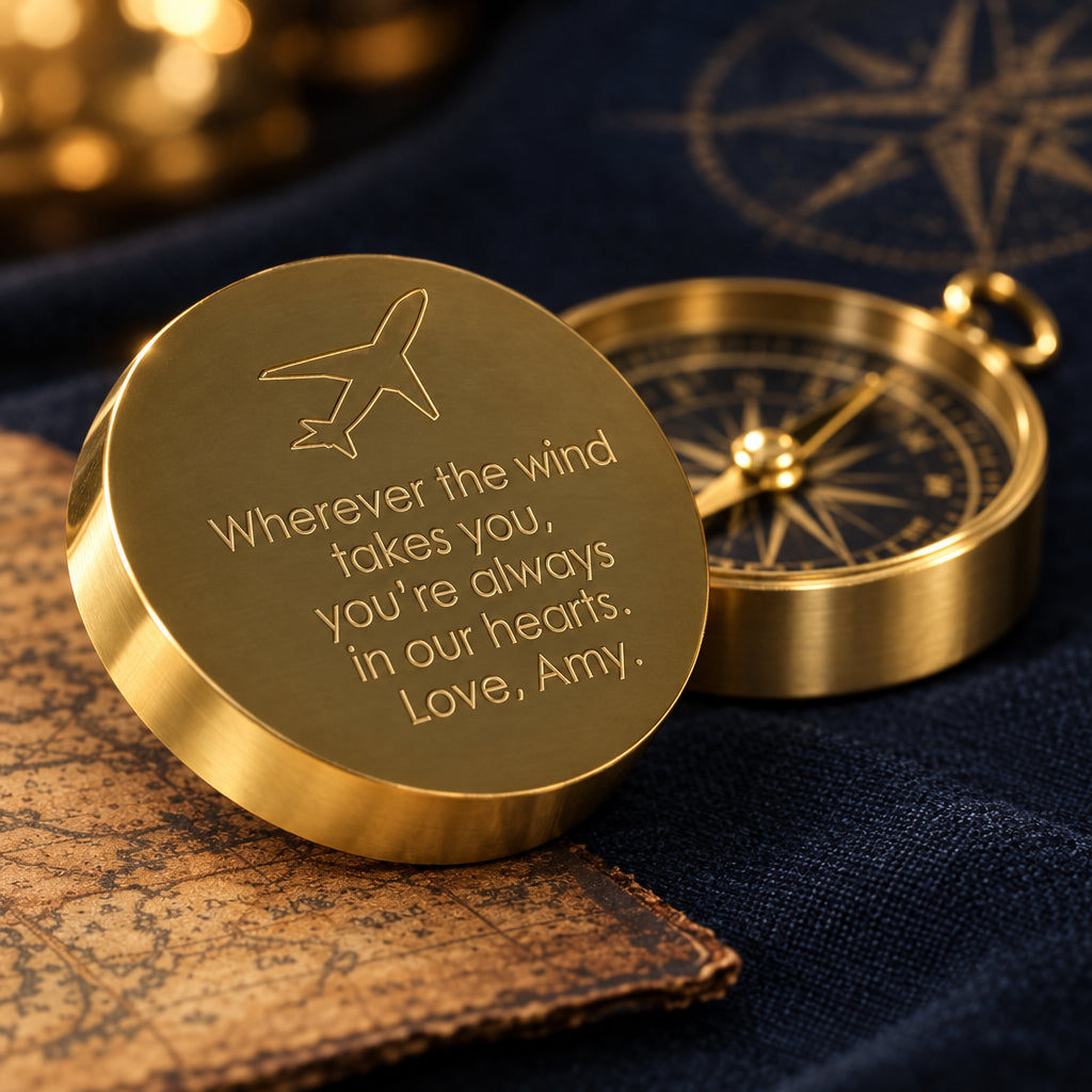 Custom brass pocket compass with an engraved airplane icon for travelers and adventure gifts