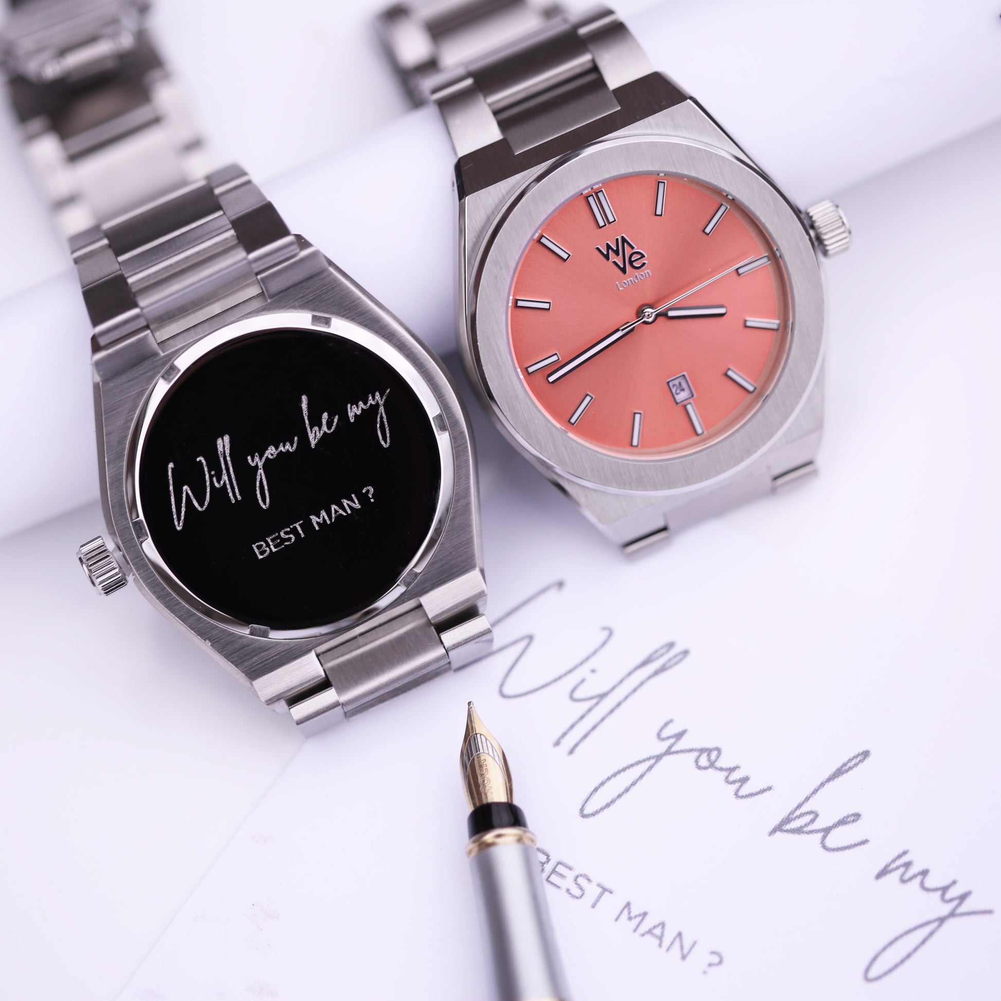 Wave Handwriting Engraved Watch - Peach Breeze  Unisex Engraved Handwriting Watches Deeply Engraved