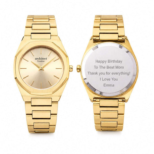Cesca Doré minimalist gold ladies personalized-watch with custom modern font engraving on the stainless steel back.